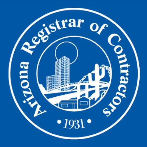 Arizona Registrar of Contractors logo featuring a blue background, depicting a city skyline, mountains, and cacti, emphasizing Ekwall Restoration's service area in Payson, AZ.