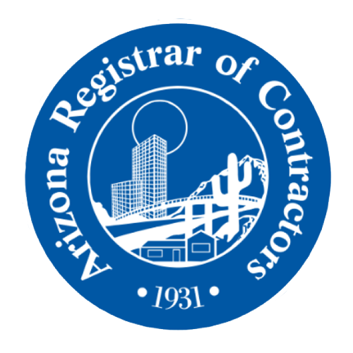 Arizona Registrar of Contractors logo featuring a blue circular design with a depiction of buildings, mountains, and cacti, emphasizing professional certification for contractors in Payson, AZ.