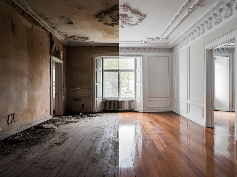 Before and after comparison of a room showing extensive water damage on the left and a fully restored, clean space on the right, highlighting Ekwall Restoration's expertise in home restoration services.