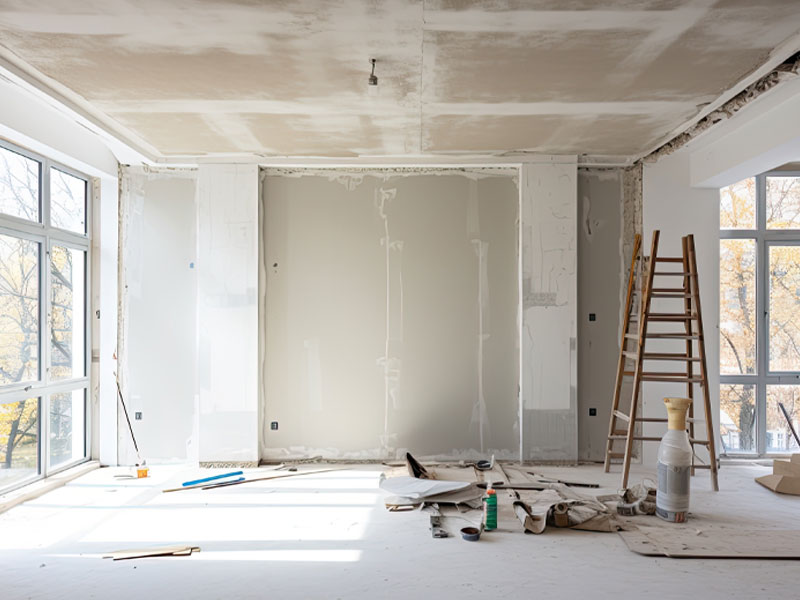 Interior of a partially renovated room with drywall installation, construction materials scattered on the floor, and a ladder against the wall, illustrating home restoration services.