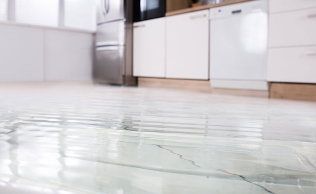 Water-damaged kitchen floor with standing water, highlighting the need for emergency water damage restoration services in Payson.