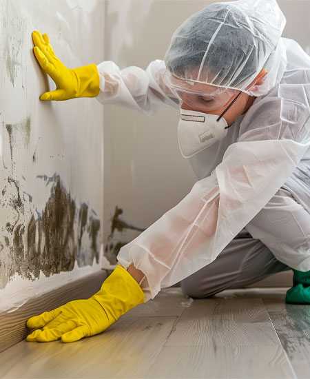 Professional in protective gear inspecting and treating mold on a wall during mold remediation process in a home.