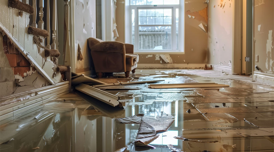 Water-damaged interior with flooded floor, debris, and peeling wall paint in a home, illustrating the impact of water damage restoration needs.
